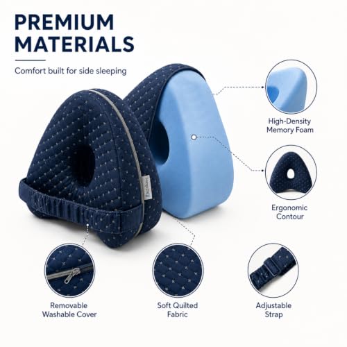 Heart-Shaped Jacquard Navy Knee Support Pillow for Side Sleepers with Adjustable Strap