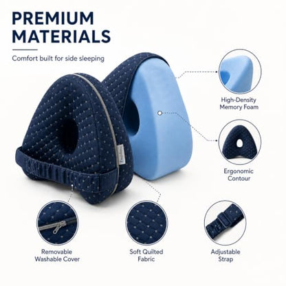 Heart-Shaped Jacquard Navy Knee Support Pillow for Side Sleepers with Adjustable Strap