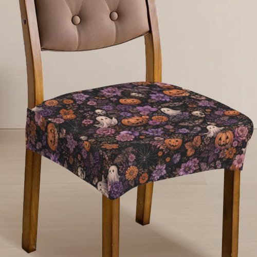 Halloween Chair Cushion Slipcover Set - Floral Ghost Pattern, 6 Pieces