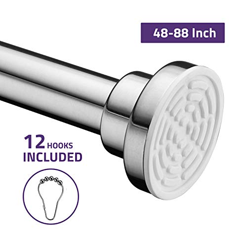 ANZZI 35-55 Inches Shower Curtain Rod with Shower Hooks in Brushed Nickel, Adjustable Tension Shower Doorway Curtain Rod, Rust Resistant No Drilling Anti-Slip Bar for Bathroom, AC-AZSR55BN