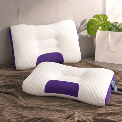 Memory Foam Neck Pillow - Zoned Ergonomic Contour Support - Purple White