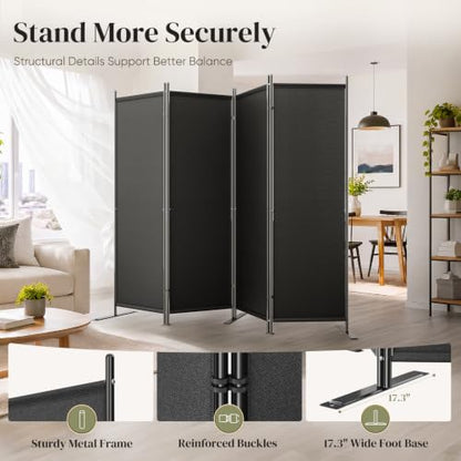 Black 4-Panel Room Divider, 6FT Tall Folding Privacy Screen, Freestanding