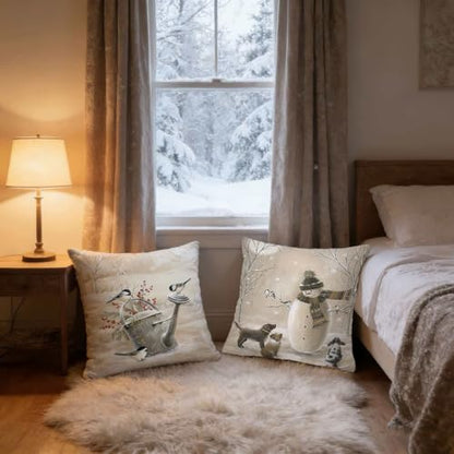Animals Xmas Throw Pillow Covers Set of 4 - 18x18 Inch Pet Snowman Deer Bird Snow Scene