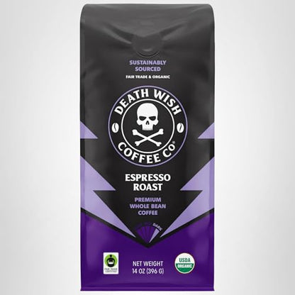 Death Wish Coffee, Whole Bean Espresso Roast - Organic, Fair Trade, Arabica and Robusta Coffee Beans, 14 ounce (Pack of 1)
