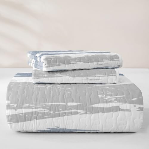 King Blue Grey Striped Quilt Set with Pillowcases - Modern Bedding, Grey Blue Variation