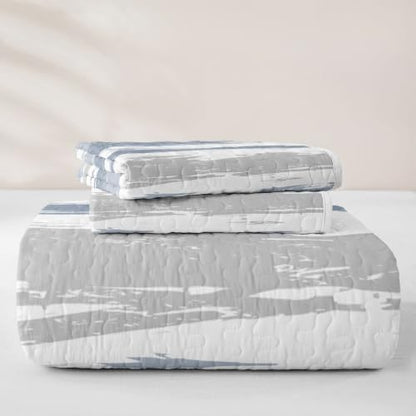King Blue Grey Striped Quilt Set with Pillowcases - Modern Bedding, Grey Blue Variation