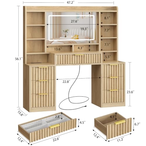 Lighted Vanity Desk with Mirror, 7 Drawers & 6 Open Shelves, USB & Outlet Power