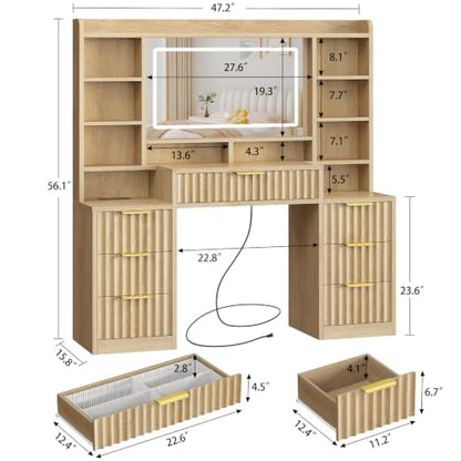 Lighted Vanity Desk with Mirror, 7 Drawers & 6 Open Shelves, USB & Outlet Power