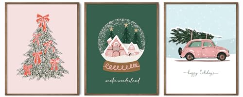 Pink Christmas Wall Art Set of 3 Vintage Holiday Posters 11x14 Inches