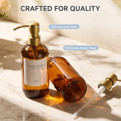 Kitchen Soap Dispenser Set 2 Pack - Amber Glass with Gold Pumps & Accessories