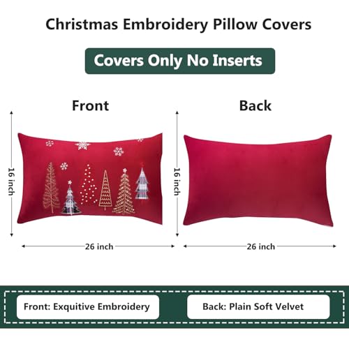 Red Christmas Embroidery Throw Pillow Covers 16x26 Set of 2 Velvet Xmas Tree Snowflake Decor