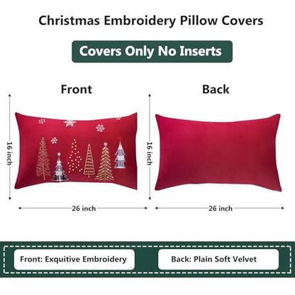 Red Christmas Embroidery Throw Pillow Covers 16x26 Set of 2 Velvet Xmas Tree Snowflake Decor
