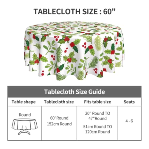 Xmas Holly Round Tablecloth 60 Inch for Indoor Outdoor Holiday Decor - Holly Mistletoe
