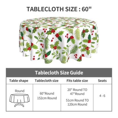 Xmas Holly Round Tablecloth 60 Inch for Indoor Outdoor Holiday Decor - Holly Mistletoe