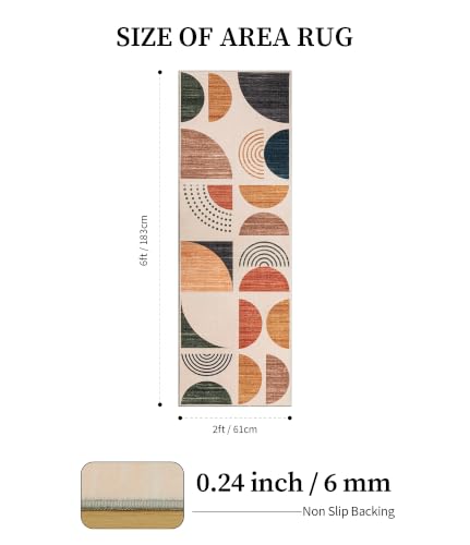 Boho 2x6 Beige and Terracotta Runner Rug - Non Slip Washable Mid-Century Style