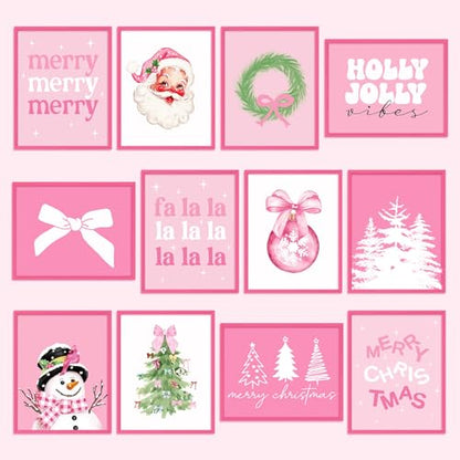 Set of 12 Pink Christmas Wall Art Prints - Holiday Holiday Decor, Snowman Santa Tree