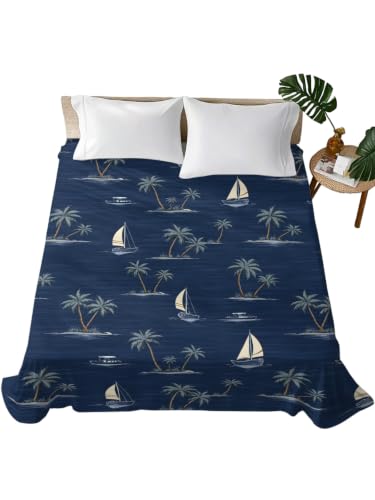 California King Flat Sheet Navy Blue Microfiber Bed Sheets Summer Sea Sailboat & Palm Tree Design - Deep Navy / Slate Blue
