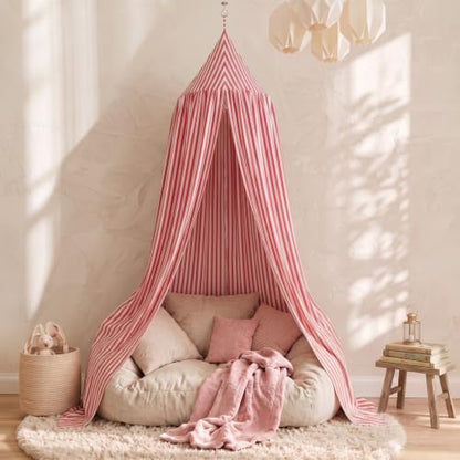 Kids Bed Canopy Tent - Red White Striped Reading Nook for Nursery & Playroom
