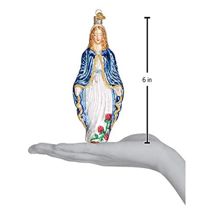 Virgin Mary Glass Ornament - Handcrafted Religious Holiday Decoration, 6.25 In - Blue & White
