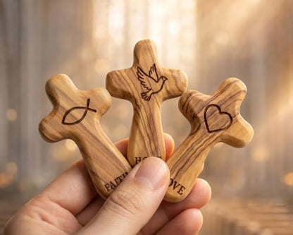 Mini Olive Wood Pocket Cross Set of 3 - Faith, Hope & Love - Bethlehem Carved Religious Keepsakes