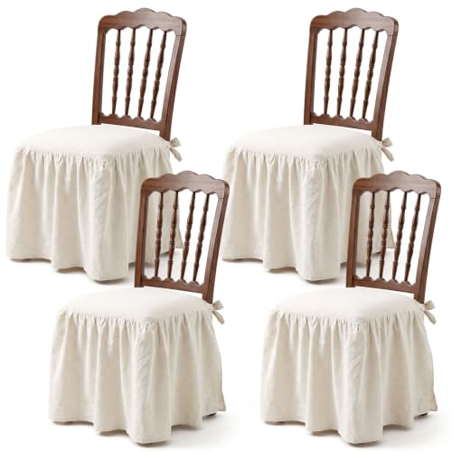 4 Pcs Ruffle Chair Cushion Covers 17.5x17.5 Inches Cotton Linen Natural - Farmhouse Style