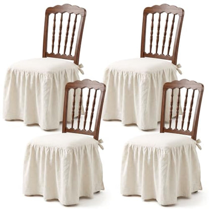 4 Pcs Ruffle Chair Cushion Covers 17.5x17.5 Inches Cotton Linen Natural - Farmhouse Style