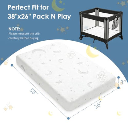 Baby Pack and Play Mattress 38x26 Memory Foam Dual Firm & Plush Support