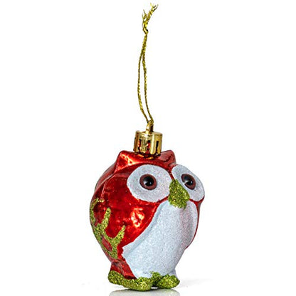 Christmas Owl Ornaments Set - Glitter Animal Tree Decorations, 3 Inches