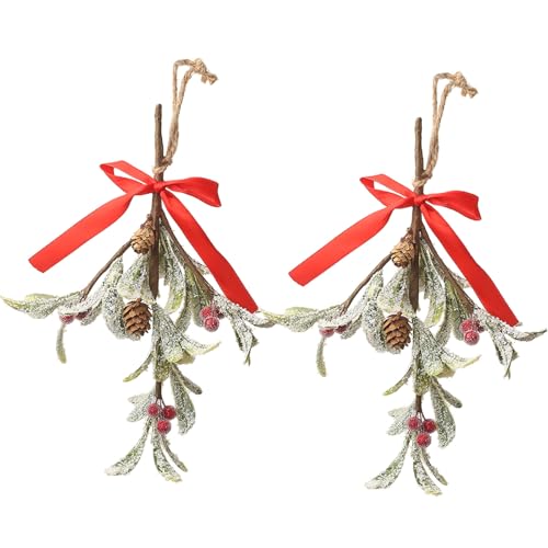 Christmas Artificial Mistletoe Ornaments with Red Bow - 2 Pieces G