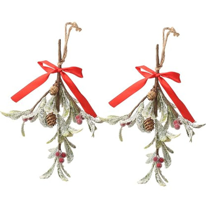 Christmas Artificial Mistletoe Ornaments with Red Bow - 2 Pieces G