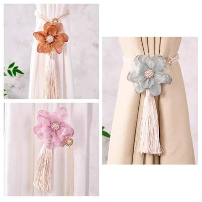 Sandy Brown Amber Flower Curtain Tiebacks with Tassel and Pearl Bead - 2 Pcs