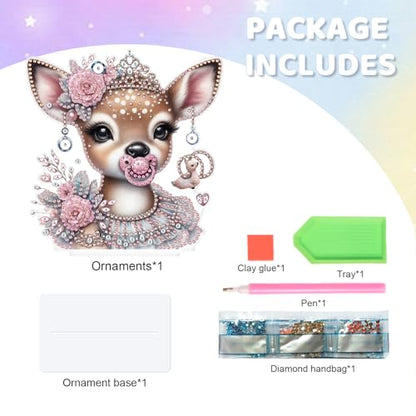 DIY Diamond Painting Deer Ornament Kit with Pink Rose Crown - Tabletop Decor