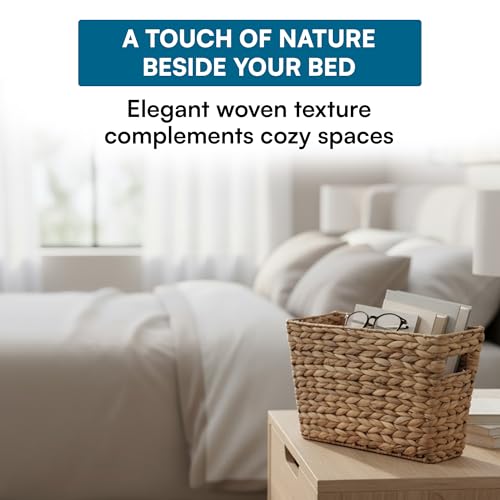 Water Hyacinth Woven Storage Basket for Magazines and Laundry - Natural, 15.5"L x 5.3"W x 10"H - Slim Tapered Design with Iron Frame