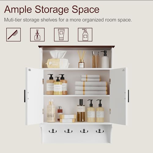 Farmhouse Wall Mount Bathroom Cabinet with Adjustable Shelves & Hooks - Ivory White