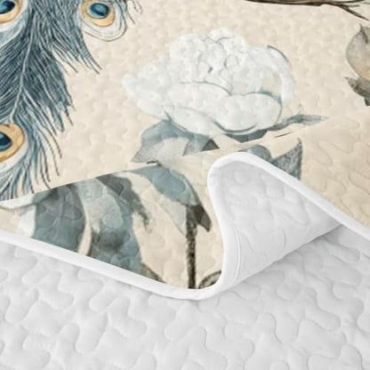 Navy Blue Peacock Flora Quilt Set Full Size Kids Girl Bedroom Decor 3Pcs