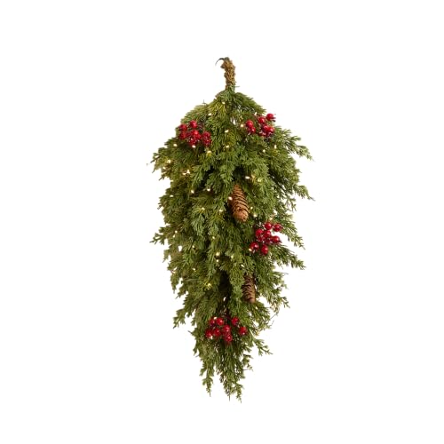 Pre-lit Cypress Teardrop Swag with Lights, Pinecones & Berries - Indoor Outdoor Christmas Decor