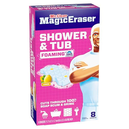 Mr. Clean Magic Eraser Sponge, Bathroom, Shower, Tub Cleaner, Soap Scum Remover, Bathroom Cleaning Supplies, Dawn Cleaning Power with Lemon Scent, Shower & Tub, 8ct