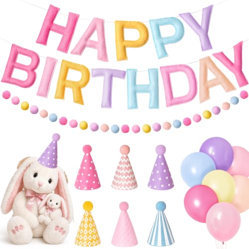Pastel Rainbow Happy Birthday Banner Set with Party Hats - Soft Colors