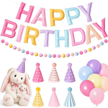 Pastel Rainbow Happy Birthday Banner Set with Party Hats - Soft Colors