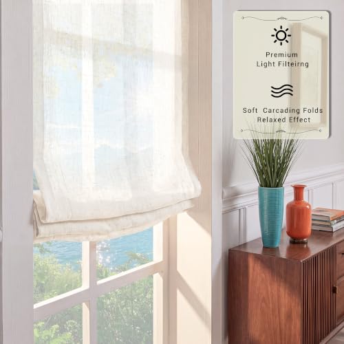 No Drill Roman Shades 35x36 Inch Semi-View Beige Window Treatment with Soft Wave Rib