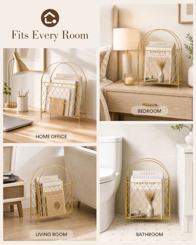 Gold Metal Magazine Holder & Storage Basket - Modern Home Organizer