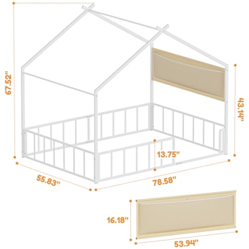 Timy Metal House Bed Frame Full Kids Floor Bed with Plushie Storage Net - White