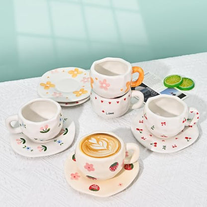 Irregular Ceramic Mug with Saucer - 10oz Strawberry Flower Latte Cup - Handcrafted