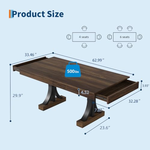 Farmhouse Dining Table for 4-6 - 63-Inch Rectangular Kitchen Table
