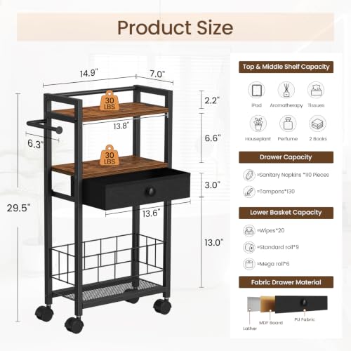 Freestanding Toilet Paper Holder with Storage Drawer & Shelves - Rustic Brown