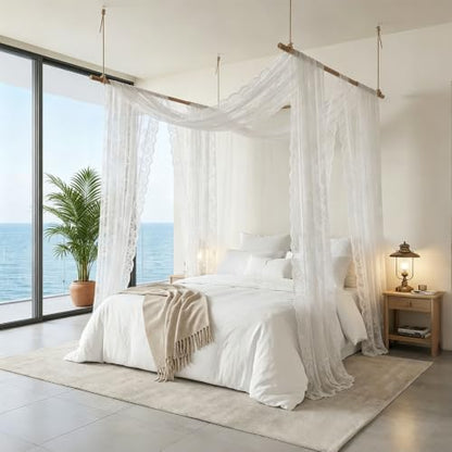 White Lace Canopy Bed Curtains - Sheer Mesh Drapes for Bedroom Decor - 28W x 276L