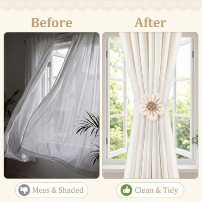 Magnetic Curtain Tiebacks 2 Pack - Boho Flower Cotton Linen Holdbacks for Bedroom Nursery Living Room