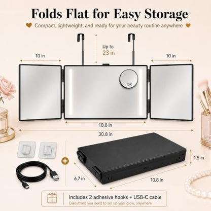 3 Way Makeup & Hair Styling Mirror with 10X Magnifier, LED Lighting, Adjustable Hooks