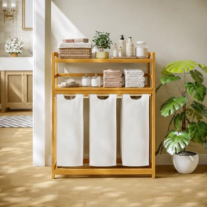 Beige Bamboo Laundry Hamper with 2-Tier Shelf and Removable Bags - 150L Capacity