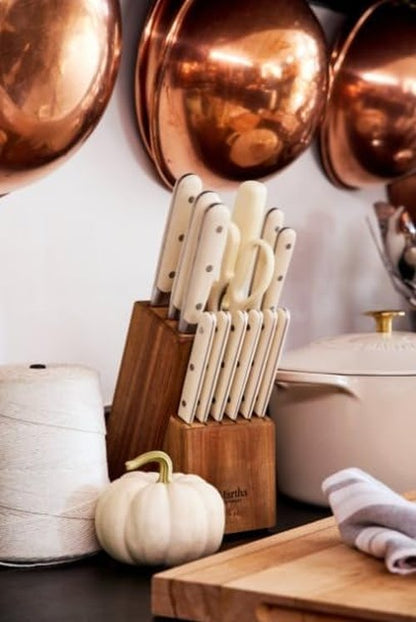 Martha Stewart 14-Piece High Carbon Stainless Steel Cutlery Set - Forged Handles & Acacia Block | Linen White